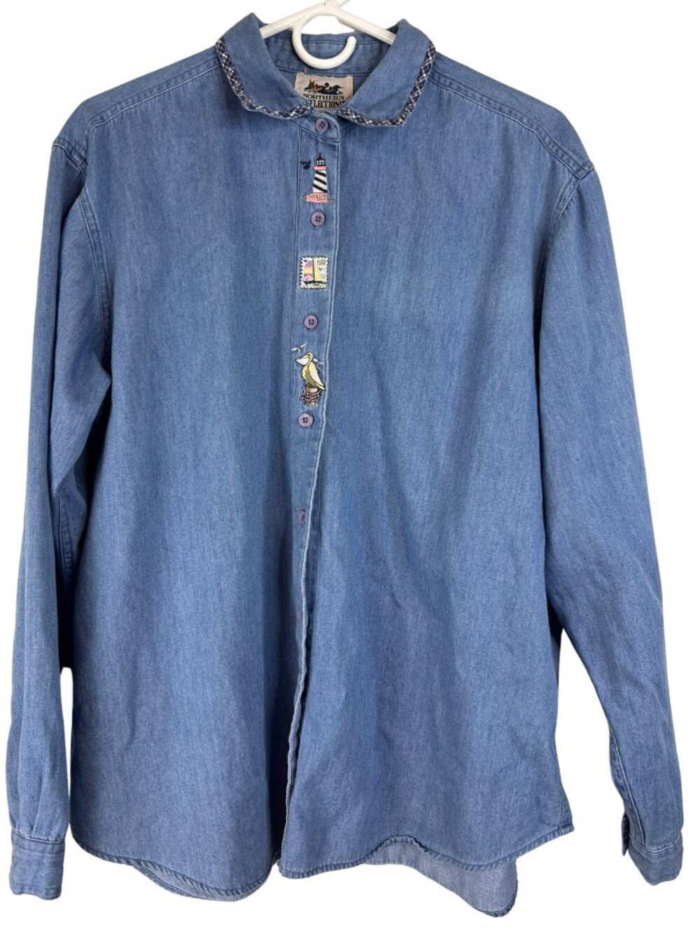 Vintage Northern Reflections Embroidered Denim Shirt L Lighthouse Pelican
